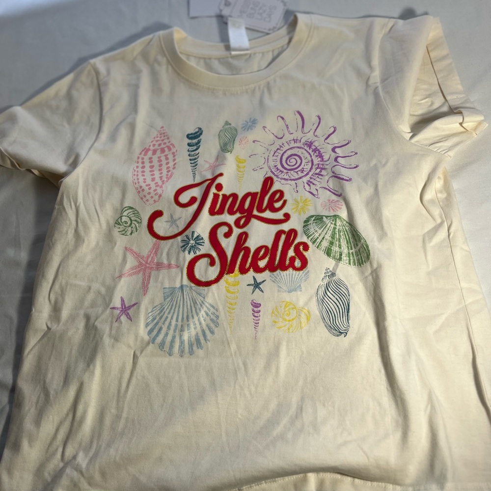Messy Buns Lazy Days T-Shirt Jingle Shells with Glittery Beach Design Juniors L